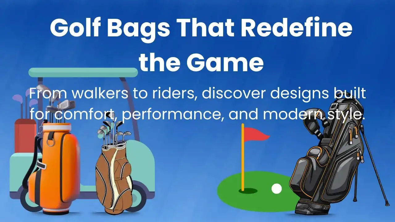 Premium golf bags for walkers and riders displayed on a golf course.