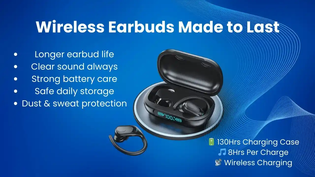 Wireless earbuds with charging case placed neatly on a table, symbolizing care and long-lasting performance